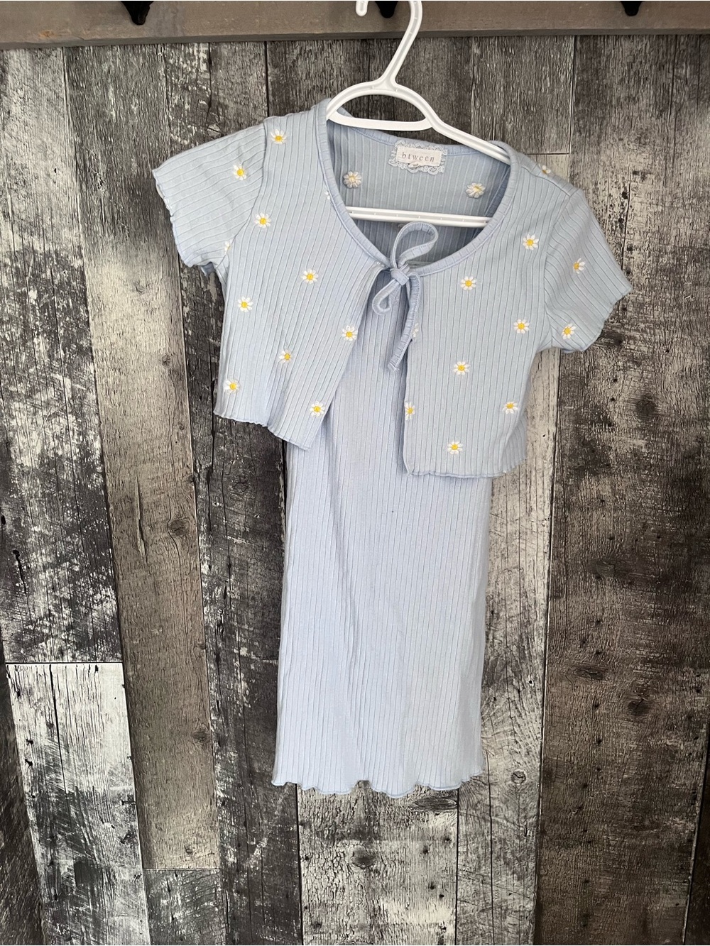 Girls' Light Blue Daisy Ribbed Dress & Tie Cardigan Set kids size 12